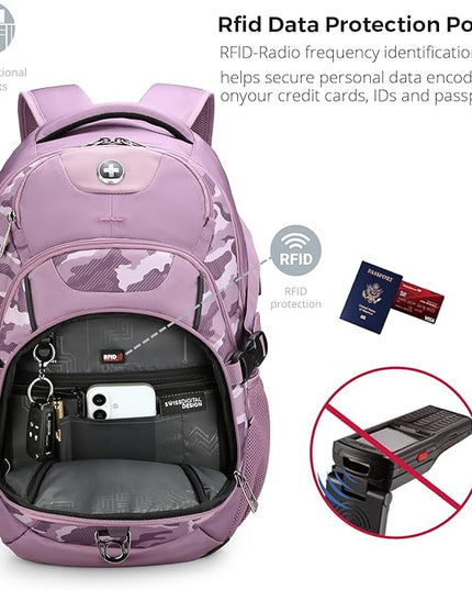 Swissdigital Design Laptop Backpack with USB Charging Port, Travel Backpack Fits 15.6 inches Computer, 31L College School Backpack for Men, Pink Camo | SD803-93