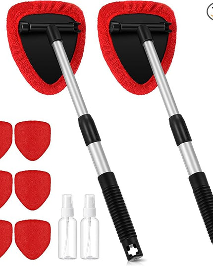 Baderke 10 Pcs Windshield Cleaner Tool Car Window Cleaning Supplies with Extendable Handle Include 6 Washable Microfiber Bonnets 2 Empty 60ml Spray Bottle Glass Wiper Kit(Red)