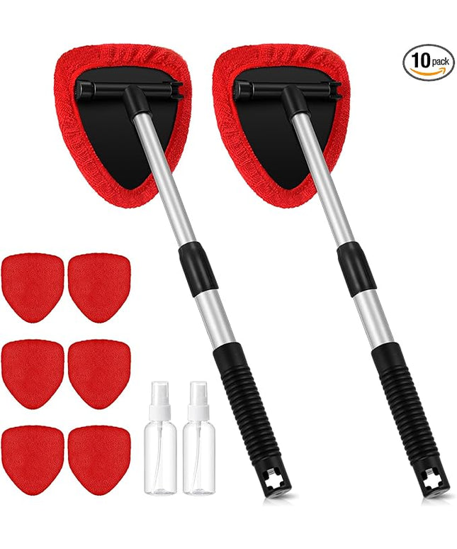 Baderke 10 Pcs Windshield Cleaner Tool Car Window Cleaning Supplies with Extendable Handle Include 6 Washable Microfiber Bonnets 2 Empty 60ml Spray Bottle Glass Wiper Kit(Red)