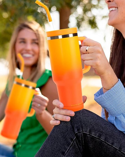 40oz Tumbler with Handle and Straw Spout 2-in-1 Lid, Spill Leak Proof Insulated Travel Cup Traveler Water Mug Keep Cold Hot, Dishwasher Safe Stainless Steel Bottle Gifts for Women Men, Ombre Orange