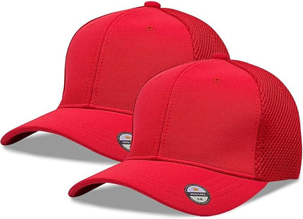 [2 Pack] Hybrid Stretch-Fitted Trucker Cap, Baseball Cap with Air Mesh