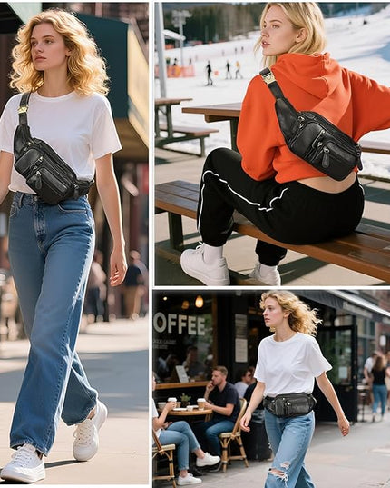 Genuine Leather Fanny Pack large capacity Crossbody Waist Bag with Zipper phone Pockets black