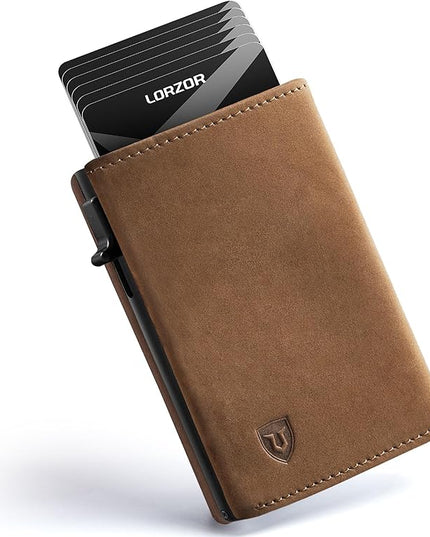 LORZOR Wallet for Men with Metal Card Holder, Pop Up Wallet, Finest Full Grain Leather Trifold Wallet, Smart, Minimalist, RFID Blocking, Front Pocket, ID Window