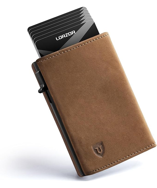 LORZOR Wallet for Men with Metal Card Holder, Pop Up Wallet, Finest Full Grain Leather Trifold Wallet, Smart, Minimalist, RFID Blocking, Front Pocket, ID Window