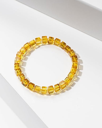 Natural Baltic Amber Bracelet for Women and Men – Stretch Wristband with Polished Cube Beads, Lightweight Unisex Jewelry Gift for Daily and Casual Wear