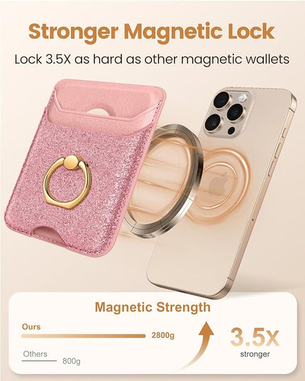 Shorogyt Compatible with Magsafe Wallet Magnetic Card Holder - Phone Wallets with Ring Grip Stand Cute Fashion for iPhone 17/16/15/14/13/12 Series for Women Girls Glitter Pk Design, Fit 3 Cards