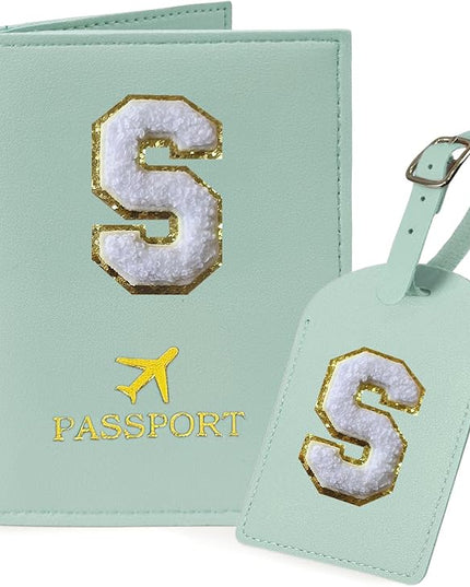 COSHAYSOO Green Passport Cover Holder and Luggage Tag Set TSA Approved with Initial Chenille Letter Patch A-Z for Women Teenage Girls, Vaccine Card Slot Travel Bag Suitcase Identifier (S)