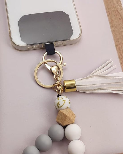 Phone Lanyard Silicone Beaded Phone Wrist Strap Cute Elastic Cell Phone Wristlet Chain Bracelet with 2 Tether Tab