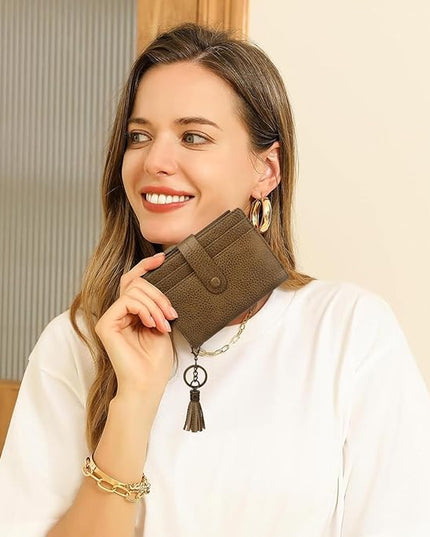 Blucoay Leather Wallet Women,RFID Blocking Small Wallet for Women Compact Card Holder Bifold Tassel Wallet Coin Purse With ID Window light khaki