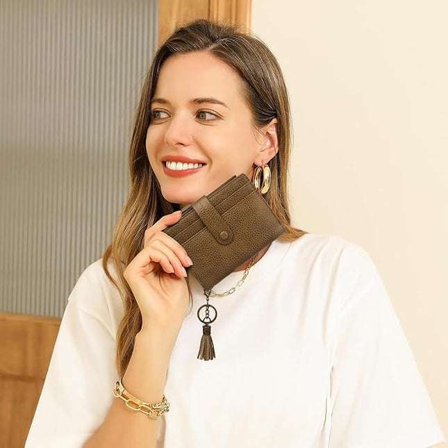 Blucoay Leather Wallet Women,RFID Blocking Small Wallet for Women Compact Card Holder Bifold Tassel Wallet Coin Purse With ID Window light khaki