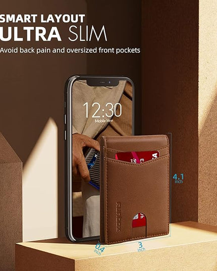 RUNBOX Wallet for Men Slim Leather Bifold RFID Blocking Minimalist Front Pocket Design with Gift Box
