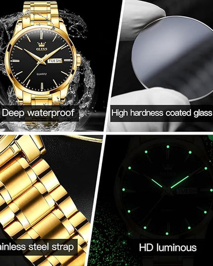OLEVS Men's Luxury Watch Waterproof Luminous Easy Read Chronograph Watches Full Gold/White Dail/Black Face with Calendar Wristwatch