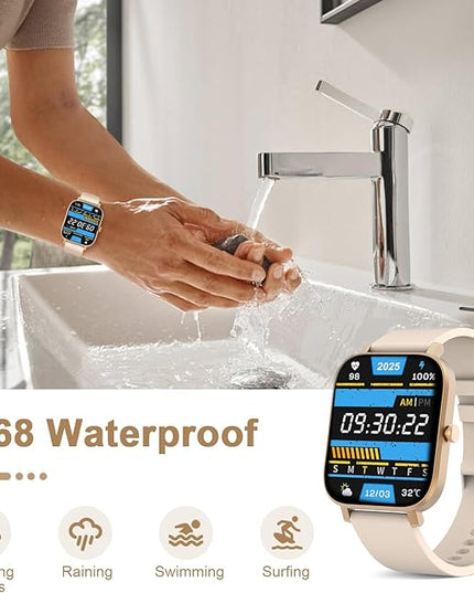 Smart Watch for Men Women Compatible with iPhone Samsung Android Phone 1.69 inch Full Touch Screen IP68 Waterproof Bluetooh Fitness Tracker Heart Rate/Sleep Monitor (Gold)