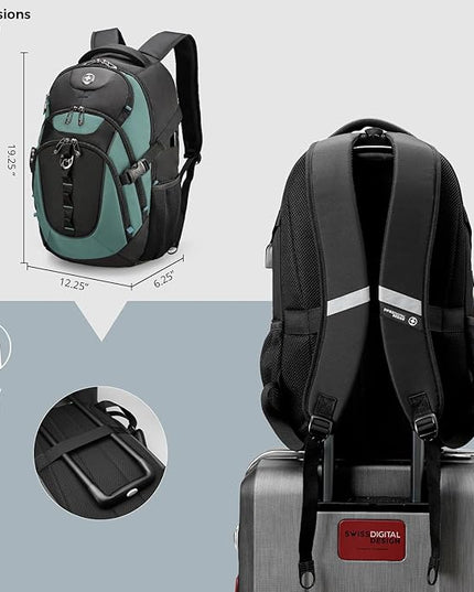 Swissdigital Design Laptop Backpack with USB Charging Port, Travel Backpack Fits 15.6 inches Computer, 31L College School Backpack for Men, Lake Green/Black | SD803-27