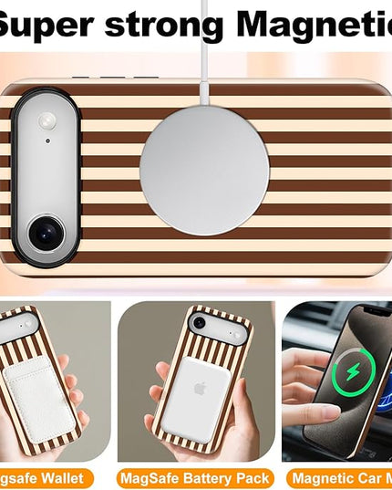 Magnetic for iPhone 17 Air Case Cute Stripes Phone Case, Shockproof Slim TPU and Hard PC Protective Phone Cover Compatible with MagSafe Designed for Women Girls, Brown