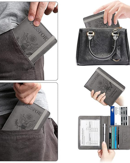 WALNEW Passport Holder for Travel, RFID Passport Cover Wallet for Women Men, PU Leather Passport Book Card Holder Case with Pen (Upgraded, Upgraded-Gray)