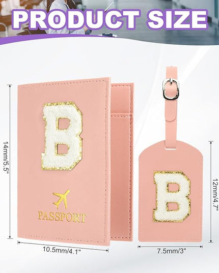 PATIKIL Passport Holder for Travel, Initial Passport Cover and Luggage Tag Set with Alphabet Chenille Letter Patch Travel Wallet Bag Suitcase Identifier for Women Family Travel Pink B