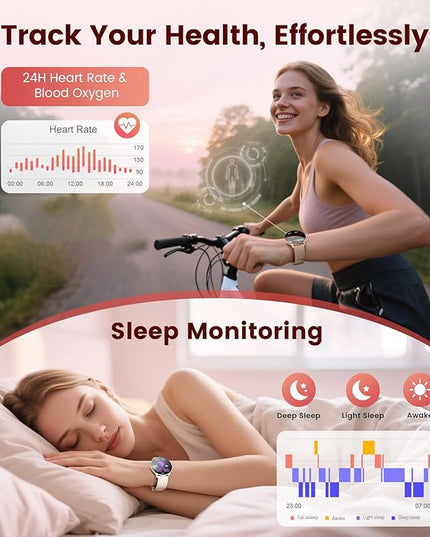 LIGE Smart Watch for Women, 1.43" AMOLED Screen Smartwatch with Answer/Make Call for iPhone/Android/Samsung, Fitness Tracker with 120+ Sport Modes, Sleep/Health Monitor, IP68 Waterproof, 2 Bands,Gold