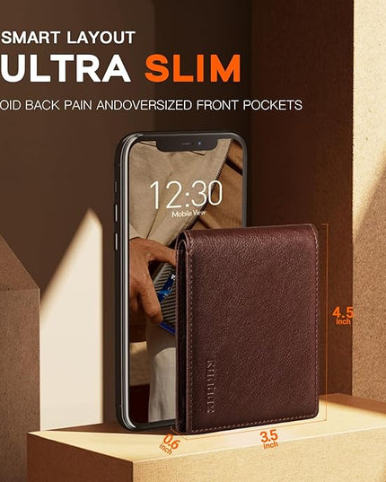 RUNBOX Wallet for Men Slim Leather Bifold RFID Blocking Minimalist Front Pocket Design with Gift Box