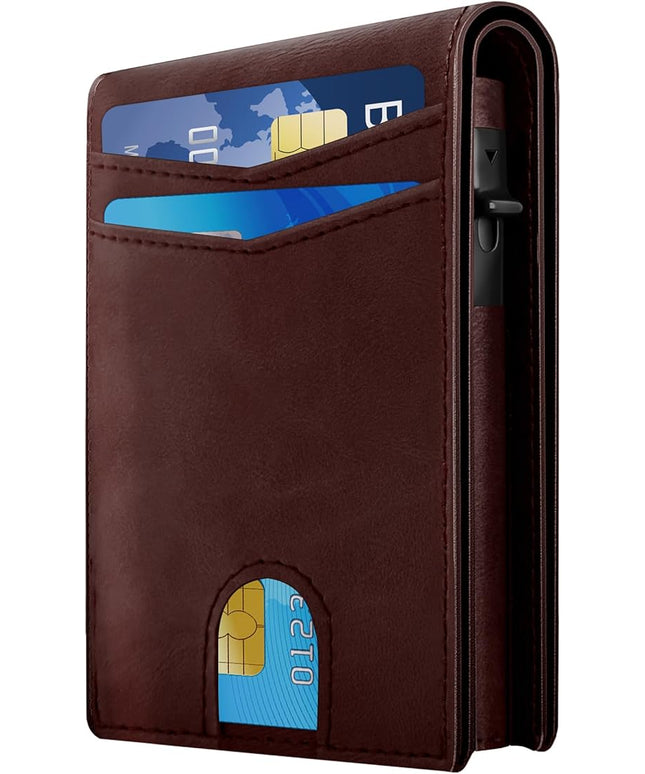 QLD Wallet for Men - RFID Blocking [Functional & Practical] Bifold Slim Minimalist Credit Card Holder Pop Up Metal Case with Cash Slot, Front Pocket with ID Window, Gift Boxed