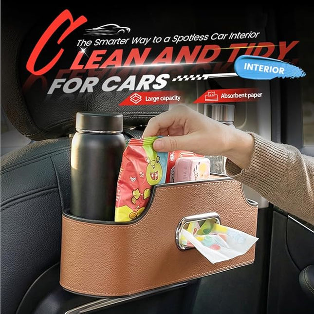 3-in-1 Back Seat Car Organizer, Car Seat Back Storage Box with Dual Cup Holders, Tissue Box, Trash Bin and Hooks, Multifunctional Back Seat Car Organizer for Travel and Daily Driving (Red)