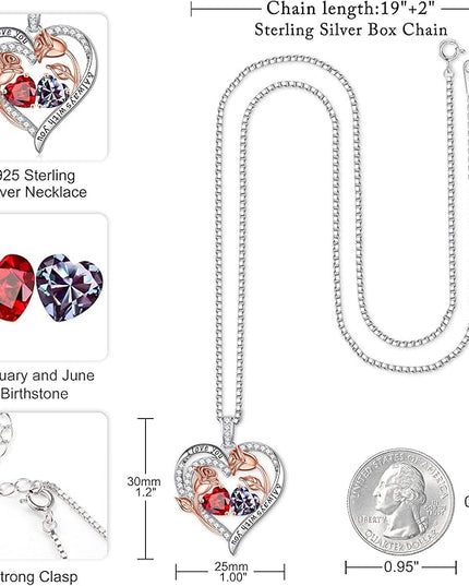 Iefil Christmas Gifts for Women Wife - 925 Sterling Silver Rose Heart Birthstone Necklace Birthday Anniversary Jewelry Gifts for Her Wife Mom Daughter