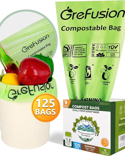GreFusion Compostable Bags for Kitchen Compost Bin, 1.2 Gallon, 125 Count, Certified by BPI and ASTM, Leakproof and Odor Control