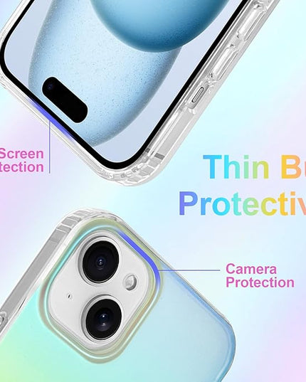 Cute Case for iPhone 15 Case for Women Girls [Compatible with Magsafe] Aesthetic Girly Glitter Bling Rainbow Magnetic Protective Phone Cover, Translucent Iridescent Blue & Pink