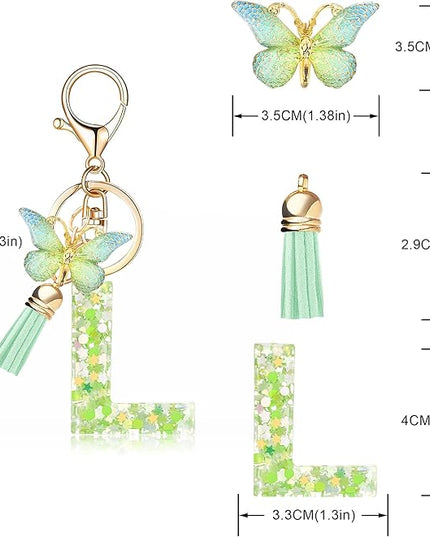 Fashion Alphabet Initial Letter Keychain Tassel Butterfly Pendant Key Ring for Purse Handbags Women Girl