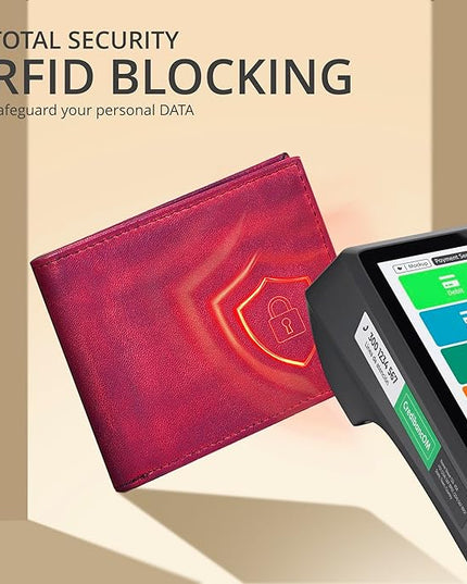 Oak Leathers Slim Leather Wallet for Men - RFID Blocking Slim Minimalist Front Pocket - Thin & Stylish with ID Window, Gift For Men (Vintage Red)