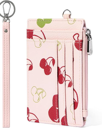 BOSTANTEN Small Wallet For Women RFID Leather Credit Card Holder Slim Wristlet Keychain Wallet With Zipper Pocket, Cherry