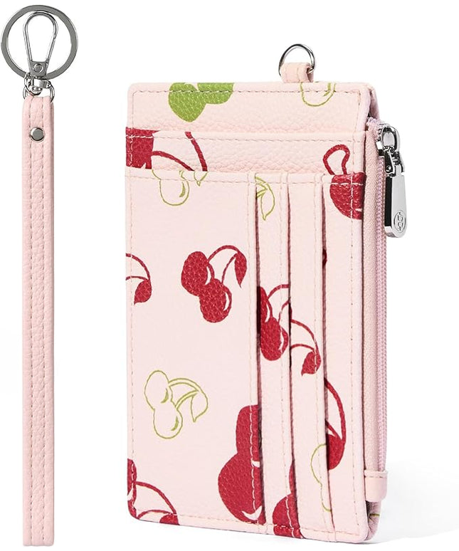BOSTANTEN Small Wallet For Women RFID Leather Credit Card Holder Slim Wristlet Keychain Wallet With Zipper Pocket, Cherry