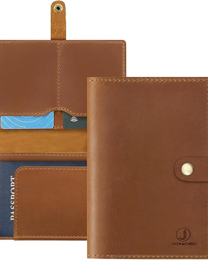 Jack&Chris Genuine Leather Passport Holder For Travel, RFID Blocking Handmade Passport Holder with Card Case Organized & Safe, Quality Travel Essentials for Women and Men for Gifting, Light Brown