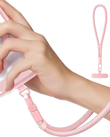 Minimalist Wrist Strap Phone Lanyard with Adjustable Drop-Proof Design, 7mm Reinforced Climbing Rope Material, 2 Phone Tether Tabs (Matching Metal and Rotatable Clear) - Sakura Pink
