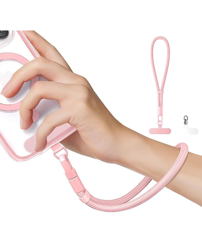 Minimalist Wrist Strap Phone Lanyard with Adjustable Drop-Proof Design, 7mm Reinforced Climbing Rope Material, 2 Phone Tether Tabs (Matching Metal and Rotatable Clear) - Sakura Pink