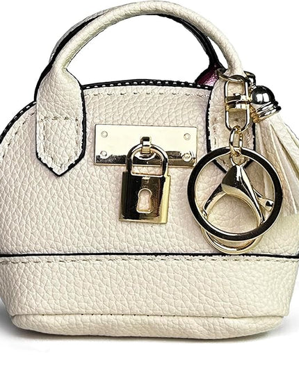 Plinvo Cute Genuine Leather Keychain Coin Purse for Women with Tassels Mini Change Pouch Brown (Off white)