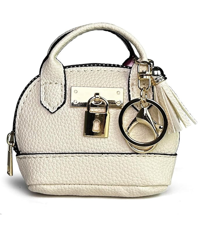 Plinvo Cute Genuine Leather Keychain Coin Purse for Women with Tassels Mini Change Pouch Brown (Off white)