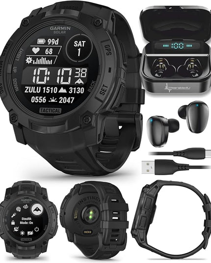 Wearable4U Garmin Instinct 3 Tactical Edition, Solar Charging Display, 50mm, Rugged Outdoor GPS Smartwatch, Applied Ballistics Support, LED Flashlight, Multi-Band GPS Black Earbuds Bundle