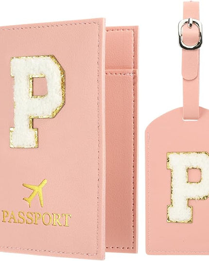 PATIKIL Passport Holder for Travel, Initial Passport Cover and Luggage Tag Set with Alphabet Chenille Letter Patch Travel Wallet Bag Suitcase Identifier for Women Family Travel Pink P