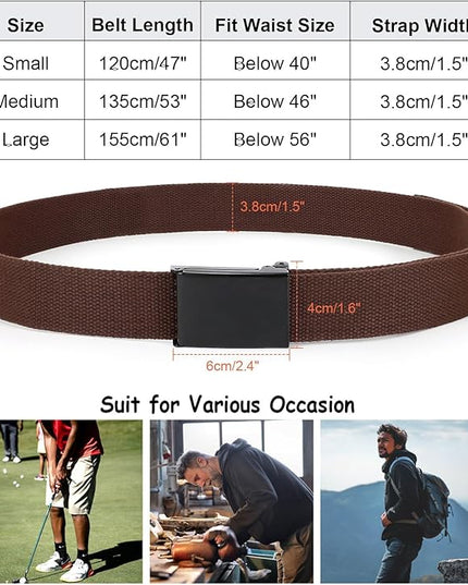 WHIPPY Canvas Web Belt Flip-Top Solid Black Military Buckle Fully Adjustable Mens Webbing Belts Cut To Fit