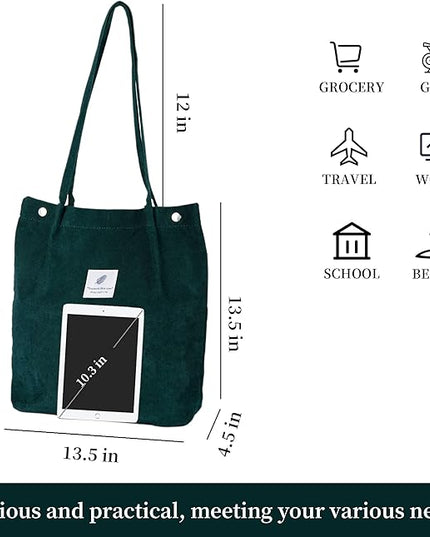 Corduroy Tote Bag Cute Tote Bags for Women Shoulder Bag with Inner Pocket for Work Beach Travel and Shopping Grocery