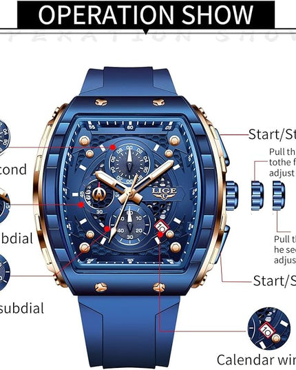 Mens Watches,Unique Rectangular Quartz Analog Watch,Outdoor Sports Multi-Function Watch,Chronograph/Waterproof/Luminous/Calendar,Durable Silicone Strap Mens Casual Watches