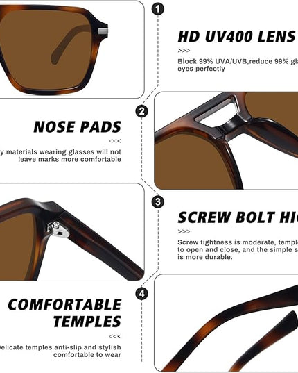 Retro Aviator Sunglasses for Women Men Trendy Classic Square 70s 80s 90s Vintage Shades Double Bridge Aviators FZN813