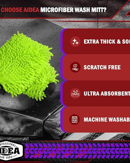 AIDEA Car Wash Mitt Microfiber, 1PK-Scratch-Free& Lint-Free, Premium Chenille Microfiber Mitt Car Wash Brush-Green Regular Size (7.12''X10.14'')