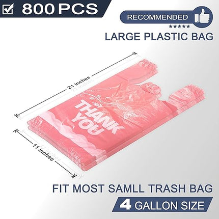YoYoRain 800 Pack Pink Thank You T-Shirt Bags with Handles, 11"x6"x21" Durable HDPE Plastic Shopping Bags for Grocery, Retail, Takeout & Small Business