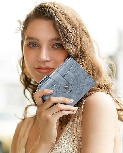FALAN MULE Small Wallet for Women Leather RFID Blocking Bifold Credit Card Holder with Zipper Coin Pocket