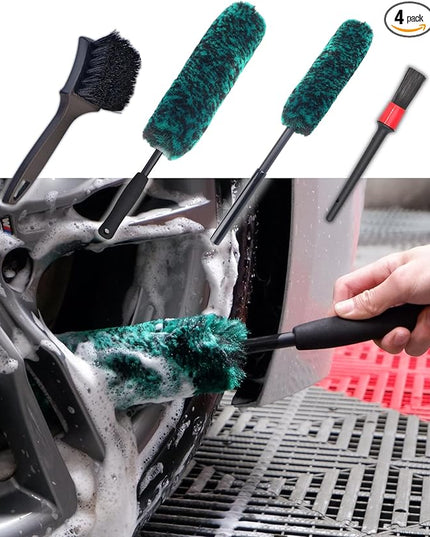 Professional 4 Pack Long Handle Wheel Brush Kit for Cleaning Wheel and Tire- 2X Soft Wheel Cleaning Brush, Detailing Brush and Stiff Tire Brush, Bendable& Durable Wheel Rim Cleaner Brush Set