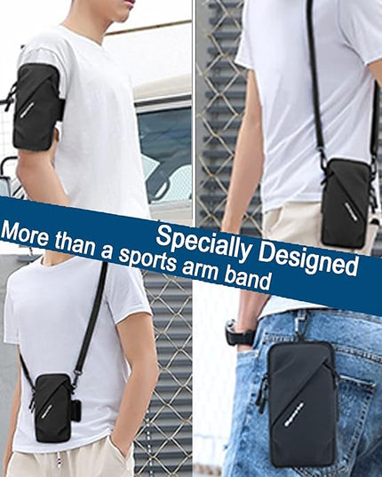 Phone Holder Arm Band, Small Crossbody Shoulder Holsters Bag with Arm Bands, Fits iPhone and Android, Use for Running, Walking, Hiking & Biking (6.7 Inches, Black)