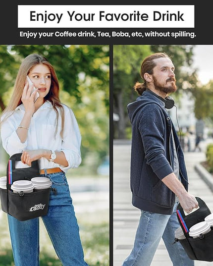 Drink Caddy Portable Drink Carrier and Reusable Coffee Cup Holder - 4 Cup Collapsible Tote Bag with Organizer Pockets Safely Secures Hot and Cold Beverages - Perfect for Food Delivery and Take Out