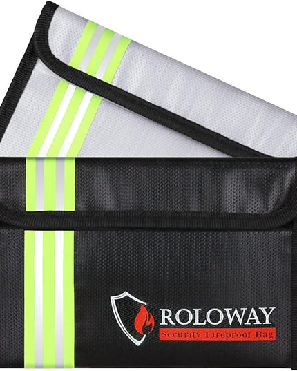 ROLOWAY Small Fireproof Bag (5 x 8 inches) with Reflective Strip, Fireproof Money Bag for Cash, Valuables, Passport, Currency & Keys (2-Pack)